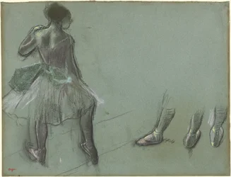 Bailarina vista desde atrás y tres estudios de pies